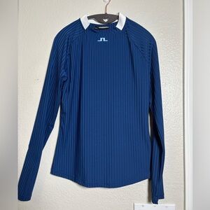 J.Lindeberg SIV Long Sleeve Royal Blue Stripe with White Collar Detail. Crewneck
